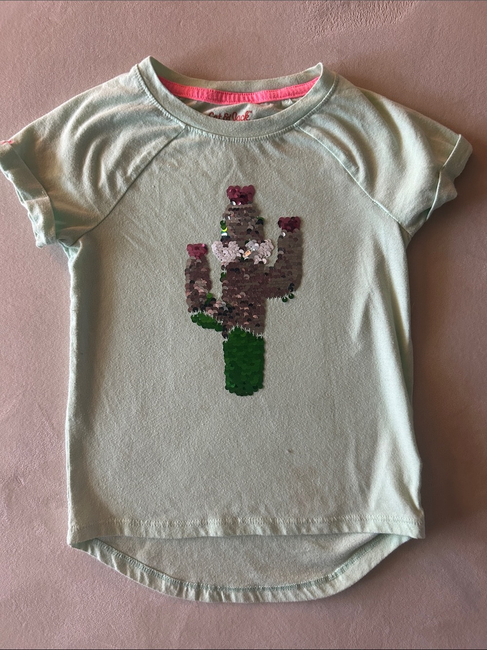Cat & Jack Mint Green Short Sleeve Sequin Cactus Tee